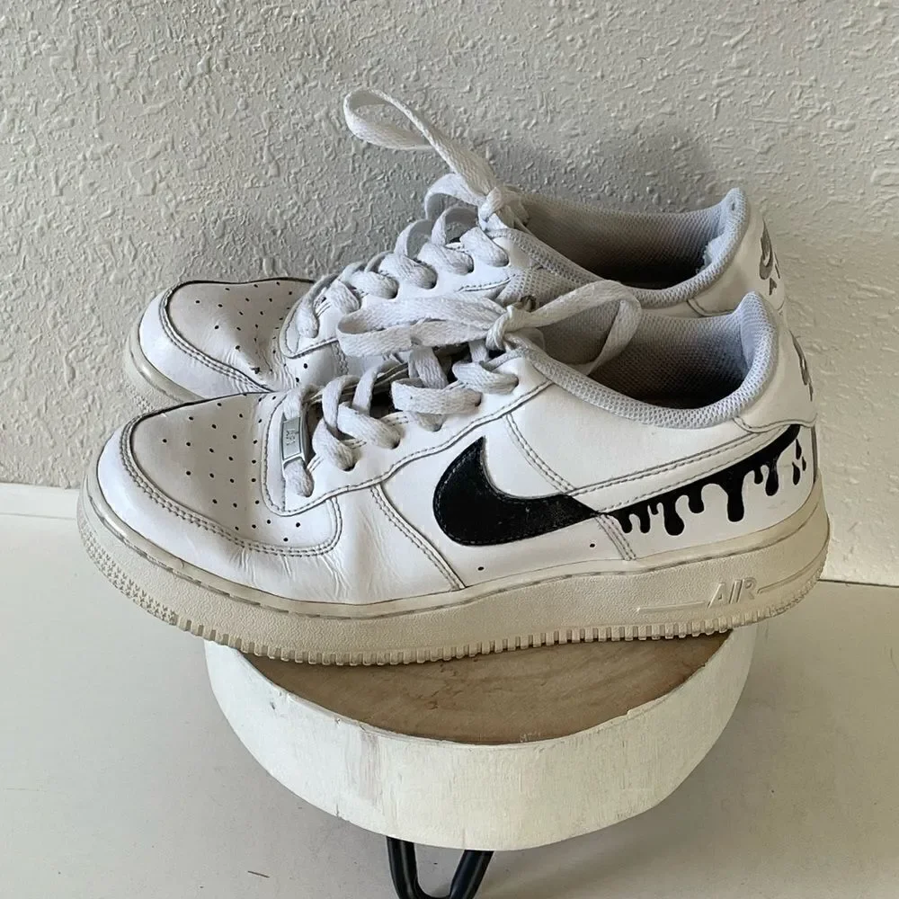 Pre-LOVED Nike Air Force 1 White and Black Custom Made Size 6Y